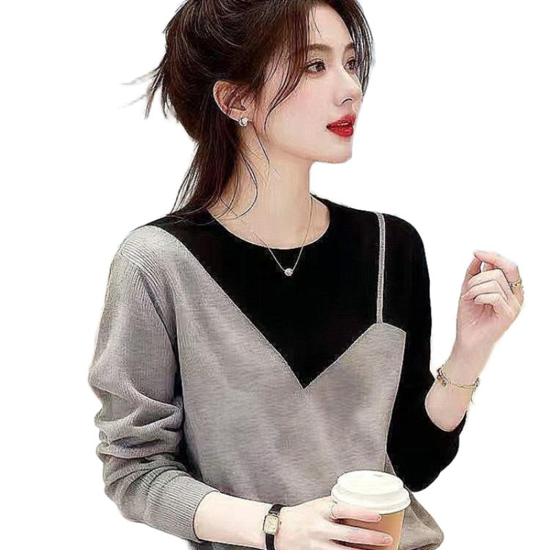 Women's Korean-Style Contrast Color Fake Two-Piece Round-Neck German Velvet Base Layer Loose Slimming Long-Sleeve Top