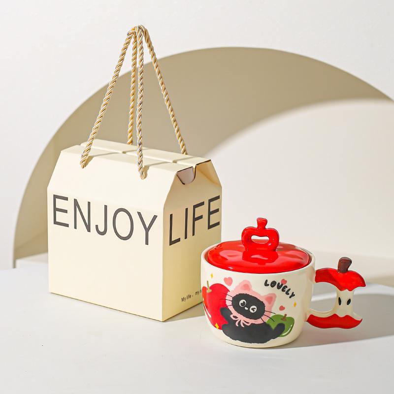 Creative Apple Cat Mug with Lid High Pretty Couple Ceramic Cup Souvenir Gift Cup for Best Friends Breakfast Cup
