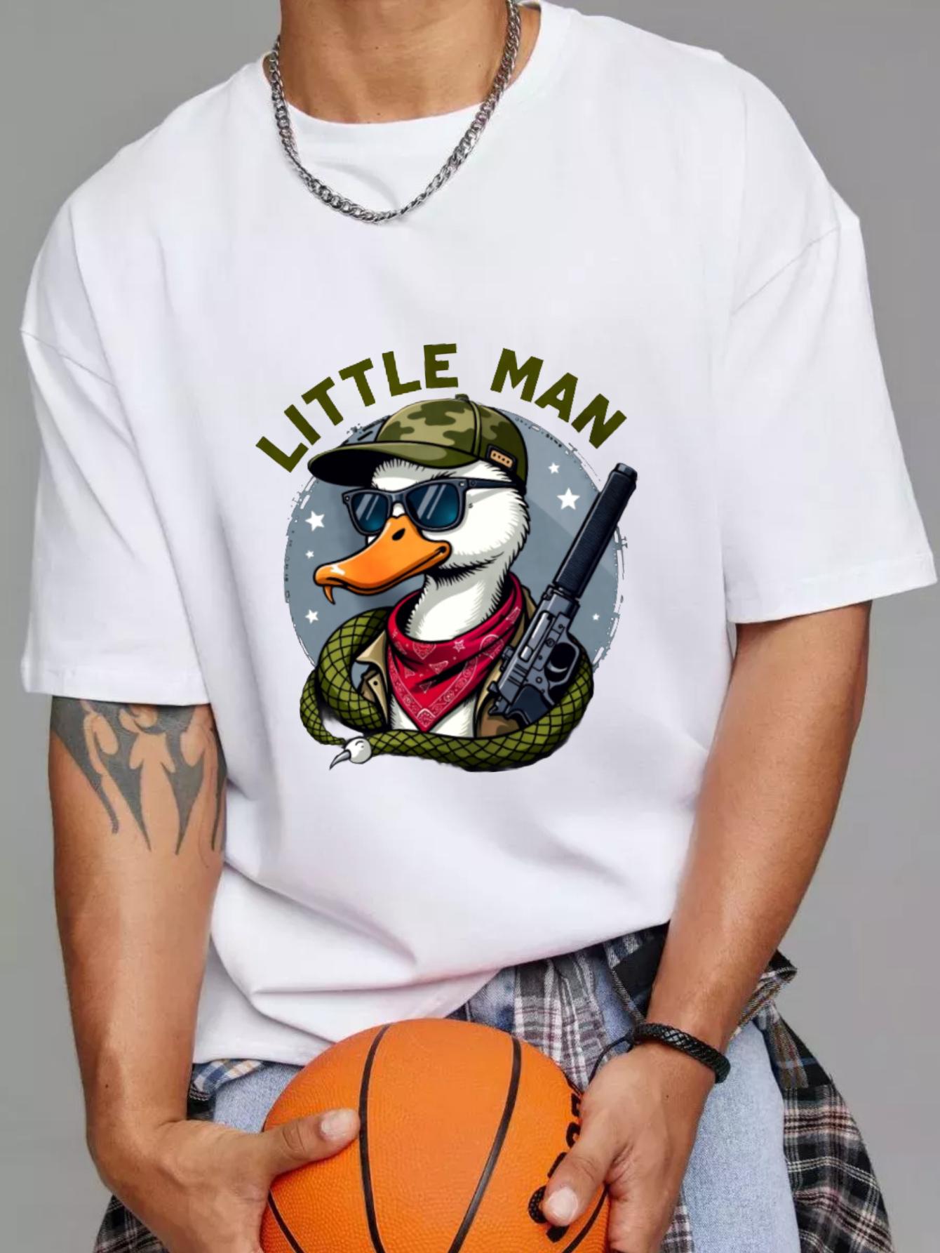 Хлопковая футболка Белый Утка в шляпе и с пистолетом Графический принт Маленький человек Повседневная одежда для мужчин S