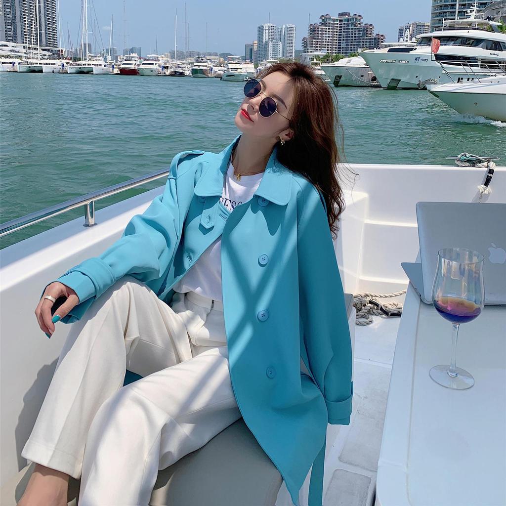 Nové jarní a podzimní dámské oblečení Malá krátká jezerně modrá volná ležérní větrovka pro ženy