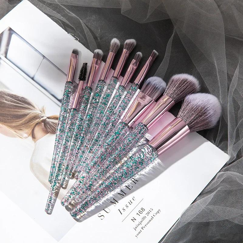 10 Pcs Makeup Brush Scallion Powder Crystal Handle with Sequins Face Eye Fiber Hair Beauty Tools