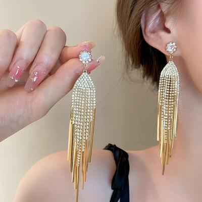 Pendientes Largos de Borla con Flores de Pedrería Incrustada para Mujer, Temperamento, Aguja de Plata, Pendientes Colgantes de Circonita Exagerados, Joyería Brillante