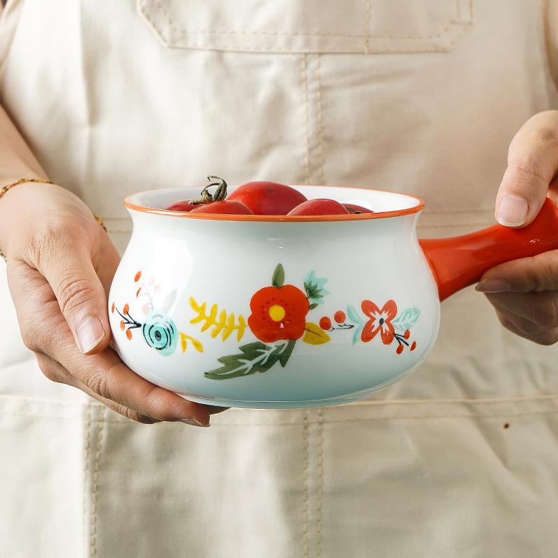 Flower Design Ceramic Salad Bowl Rectangle Plate Pasta Baking Bowl Breakfast Tableware (1 bowl with handle + 1 dinner plate)