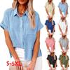 Camicie estive da donna in cotone e lino tinta unita con risvolto manica corta abbottonata camicia bianca blu con tasca irregolare