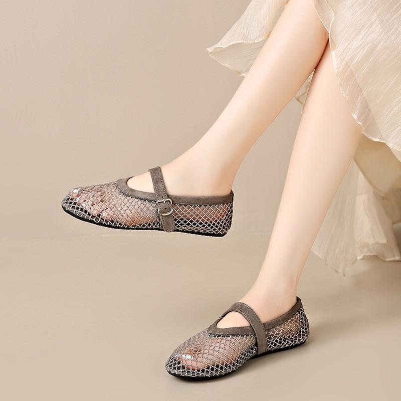 Chaussures en maille strass femme été nouvelles respirantes creuses semelle plate boucle à une bride ballet semelle souple