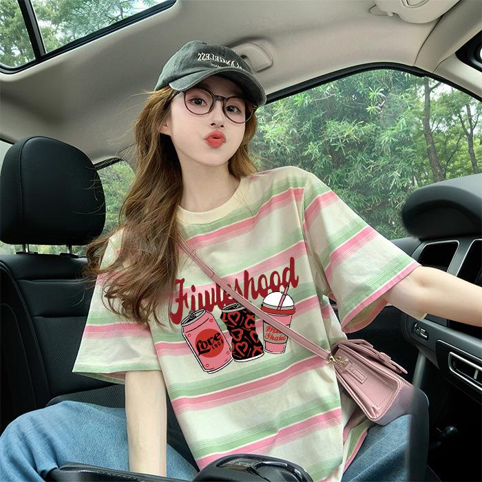 Women Striped Short Sleeve T Shirt Summer Contrast Color Round Neck Loose Mid Length Casual Sweet Slim Tee Tops