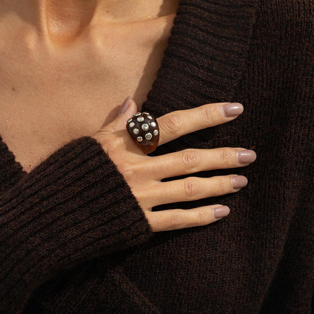 Salircon Punk Creative Rhinestone Rivet Chunky Bracelet Ring Set Women Vintage Stackable Wide Resin Bangles Grunge Jewelry Gift