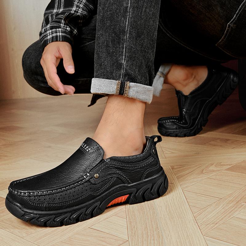 Handmade Men's Slip-On Loafers Hands-Free Casual Dress Shoes Durable Genuine Leather Walking Shoes Non-Slip Rubber Sole Footwear