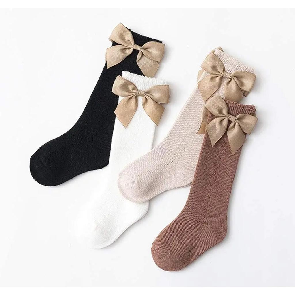 Chaussettes hautes en coton pour bébé fille de 0 à 7 ans, couleur unie, nœud papillon, fines, printemps et été