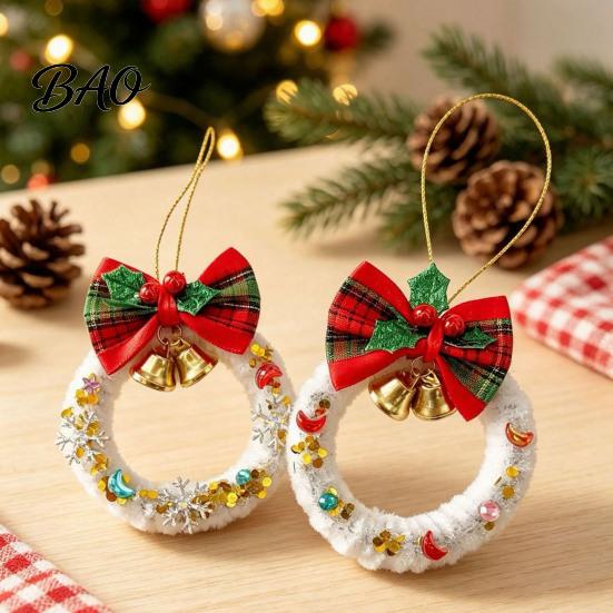 Small Fabric Decorations for Home Mini Christmas Wreath Ornament, Hanging Decoration with Plaid Bow And Atmosphere Metal Bells, Handmade Plush