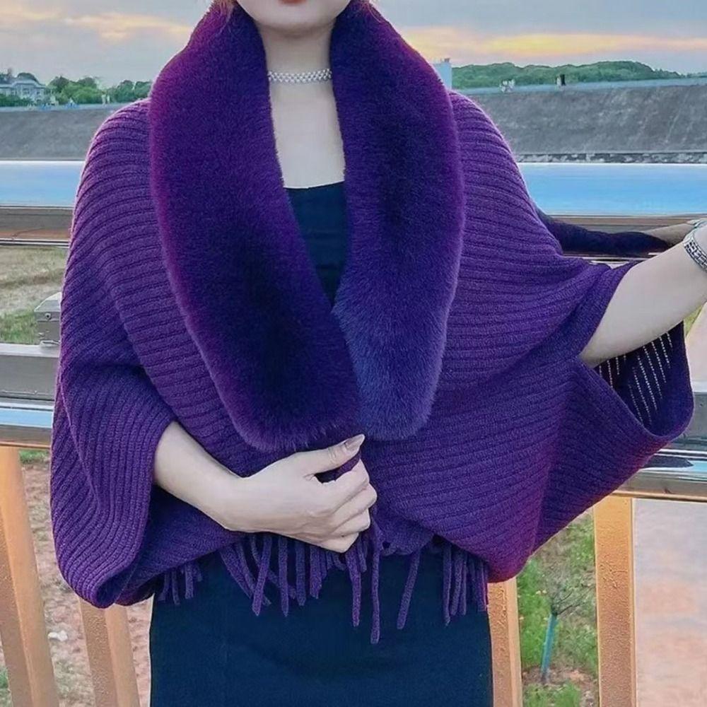 Winter Warm Shawl Knitting Thick Women's Loose Shawl with Faux Fur for Evening Dresses Wedding