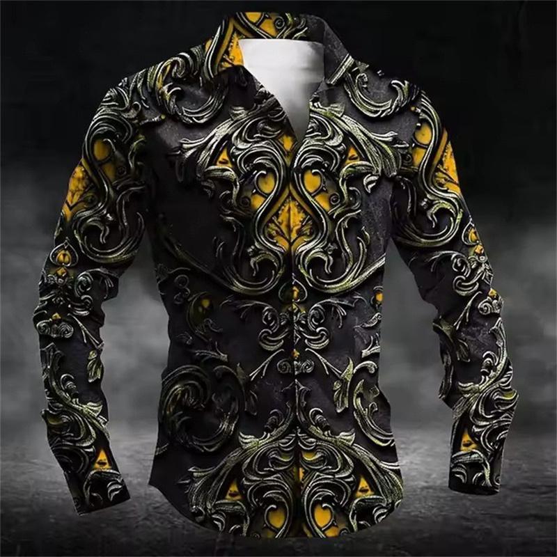 Men's Fashion Retro Textured Print Shirt, Long-Sleeve Lapel Outdoor Street Style Trendy Versatile Men's Top