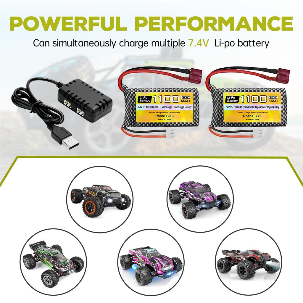 2PCS 7.4V 1100mAh 2S LiPo Battery with Band T-Plug and USB Charging Cable for Haiboxing 18858, 18859, 18859A, 16890A, and XLH Q903, HM163 RC Remote