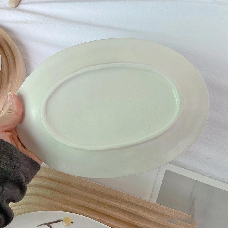 Relief Ceramic Plate Lovely Oval Dessert Dish Household Plant Pattern Large Breakfast Plates Retro Hand-Painted Storage Tray