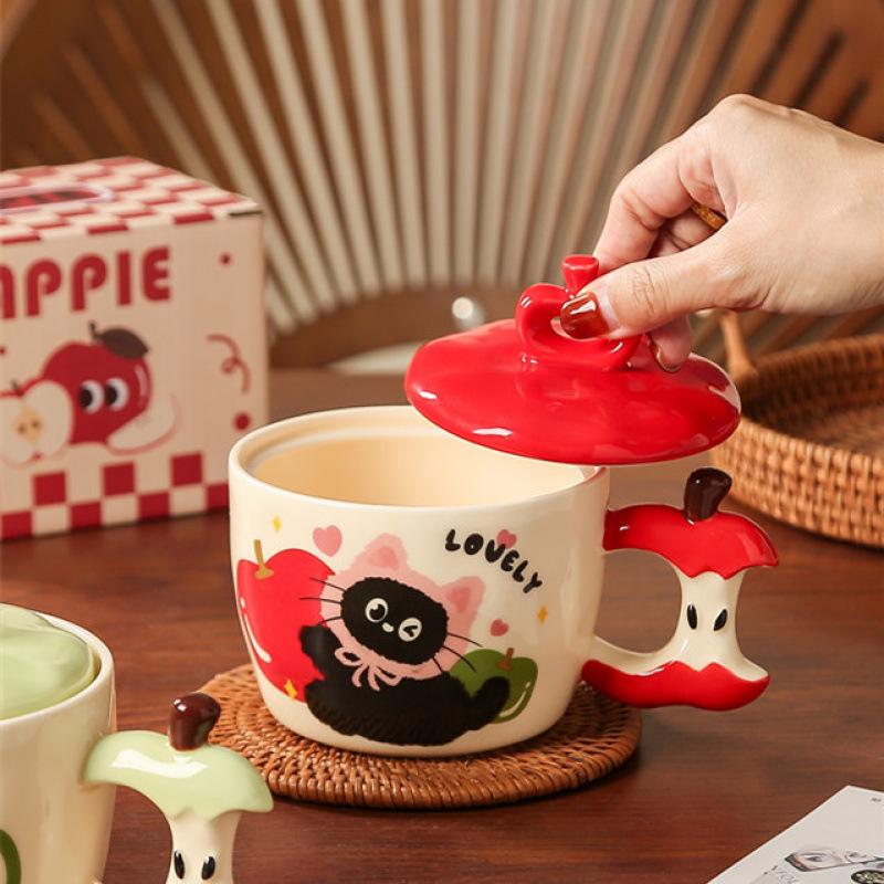Personalized Cute Apple Cat Mug for Home Use with Lid for Couples Ceramic Mug for Office Good Looking Girl Mug