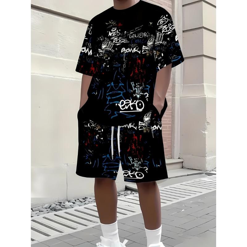 Herren Atmungsaktives Lässiges Kurzarm-Shorts-Set 3D-Bedruckt Outdoor Urban Street Top Shorts Lässiges Zweiteiler-Set