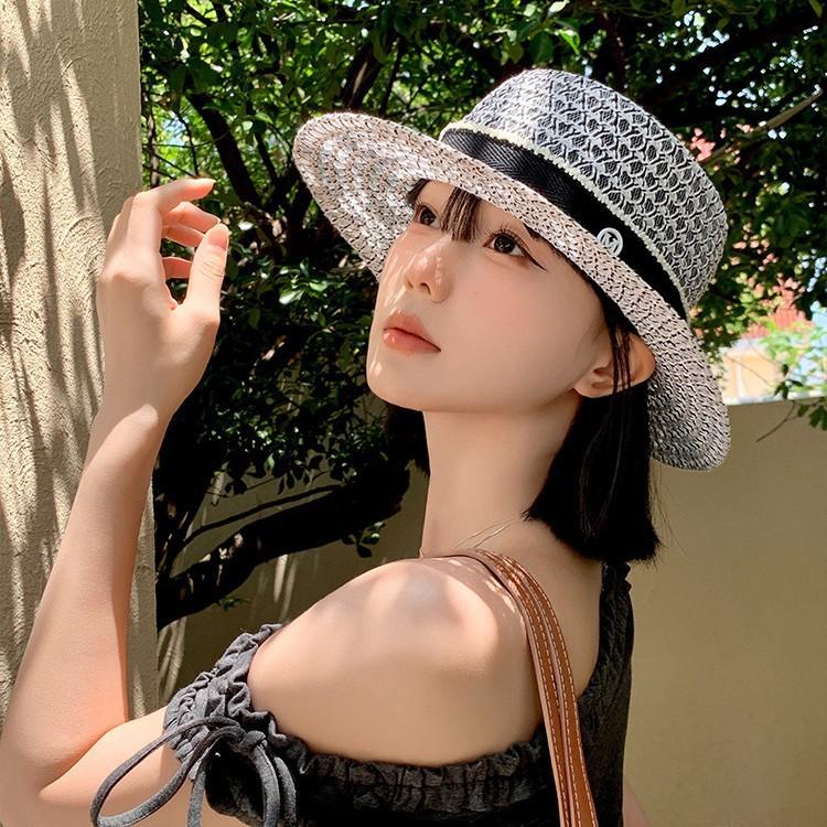 French small fragrant style elegant flat top top hat women's summer hollow breathable flat brim sun protection seaside straw hat tide
