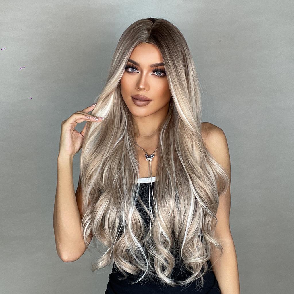 HAIRCUBE White Platinum Mixed Brown Synthetic Wigs Long Wavy Natural Hair Wigs for Women Middle Part Daily Heat Resistant Wigs