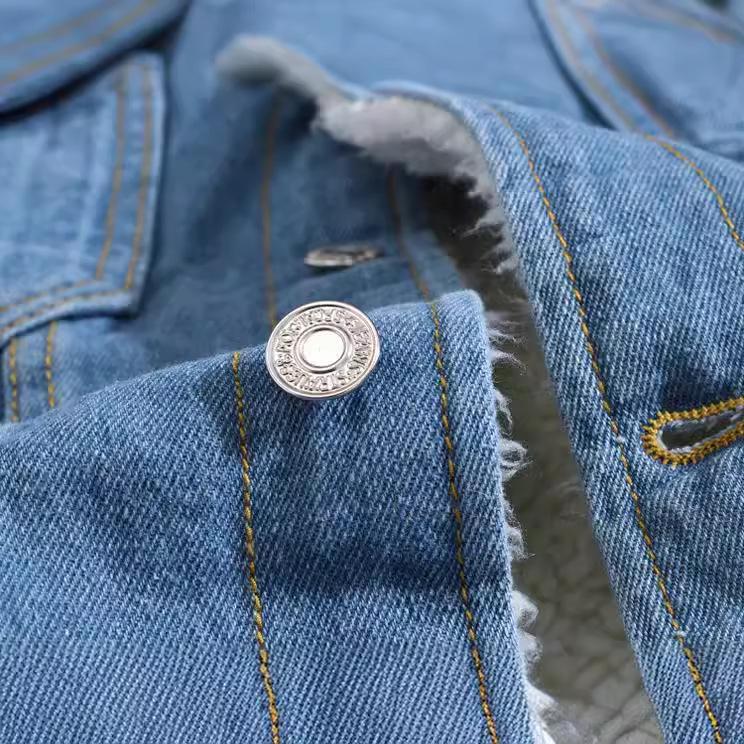 Herren Slim Fit Lammwolle Denimjacke, Hellblau gewaschen, Fleece gefüttert, Koreanischer Stil, Große Größen Winterjacke