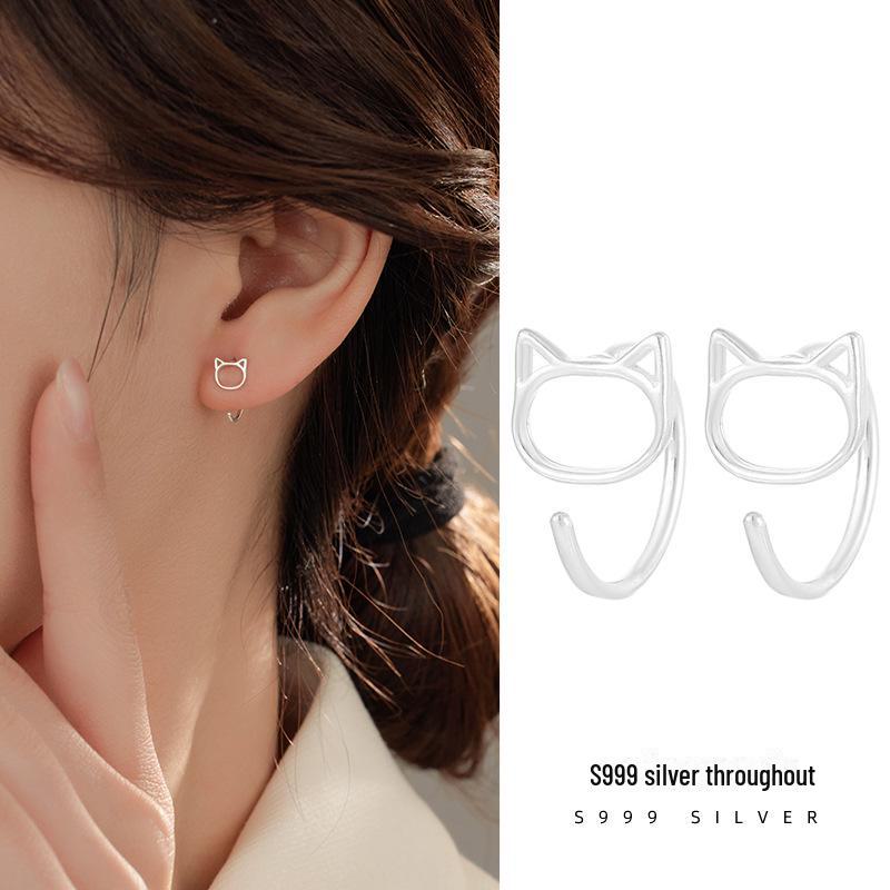 Banyan Tree S999 Silver Hollow Cat Ear Hooks: Cute Cat Earrings for Women