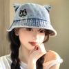 Sweet and Cute Cat Ear Denim Bucket Hat Autumn and Winter Hat Women's Embroidery Basin Hat Versatile Face Bucket Hat