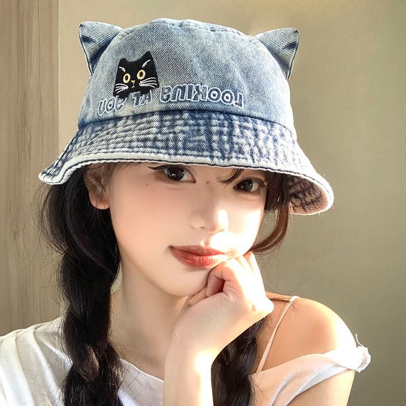Sweet and Cute Cat Ear Denim Bucket Hat Autumn and Winter Hat Women's Embroidery Basin Hat Versatile Face Bucket Hat