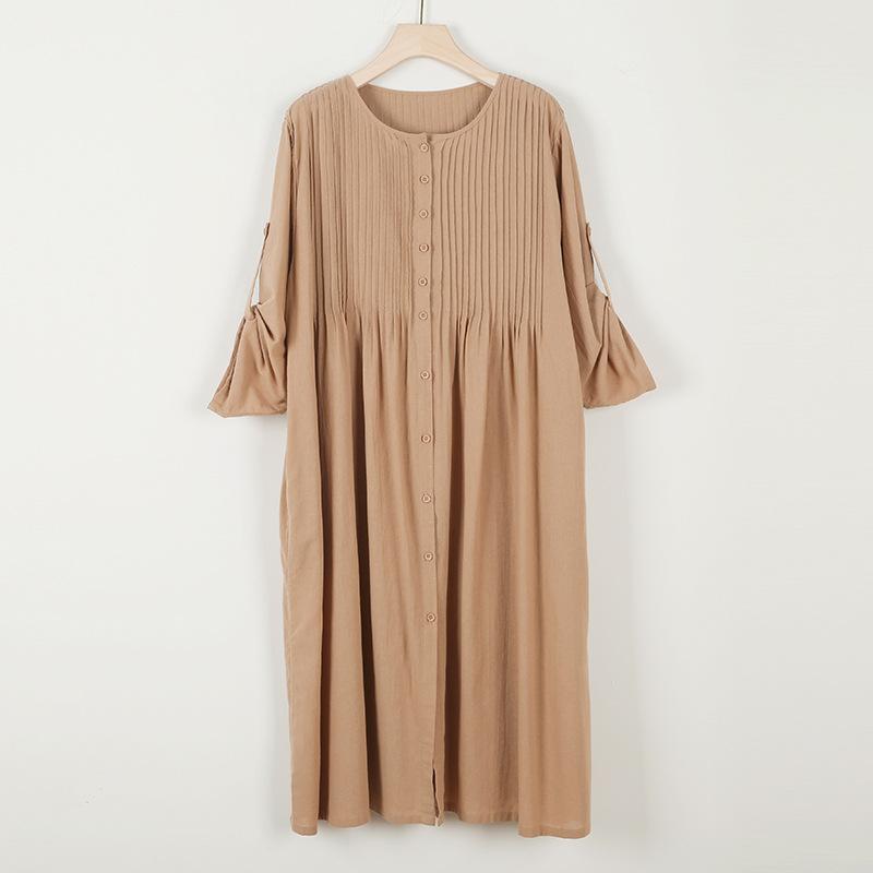 Johnature Women Spring O-Neck Long Sleeve Solid Color Vintage Single Breasted A-Line Dress