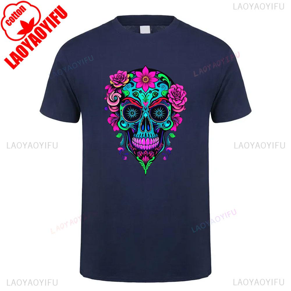 Cotton Summer Short Sleeve Mexican Skull Unisex Tee Round Neck Breathable Vintage Pattern Graphic Shortsleeved Launched Top