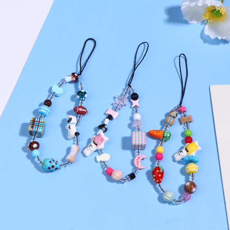 Y2K Aesthetic Beaded Phone Chain Ins Style Cartoon Mobile Phone Lanyard Keycord Anti Lost Key Strap Bag Pendant Cellphone Straps