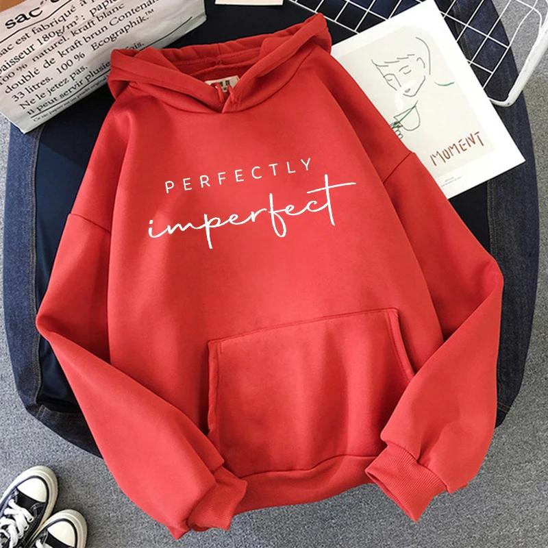 Graphic Print Long Sleeve Kangaroo Pocket Hoodies Women's Casual Y2k Sweatshirts with "Perfectly Imperfect" Lettering Clothes