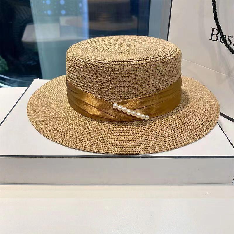 French Celebrity Style Pearl White Top Hat Women Spring and Summer Sunshade Sun Protection Travel Holiday Flat Top Straw Hat Big Brim