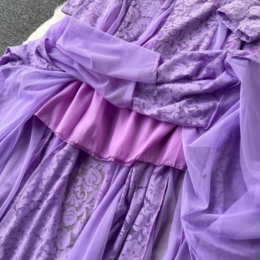 Abiti da Donna Francesi Delicati Eleganti in Pizzo con Cuciture in Rete Estate Autunno Manica Lunga Abiti da Ballo Sera Compleanno