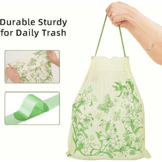 4 Gallon Trash Bags, Small Garbage Bags with Drawstring and Printed Lily Design, Tear-Free, Leakproof & Durable Small Trash Bags for Bathroom,
