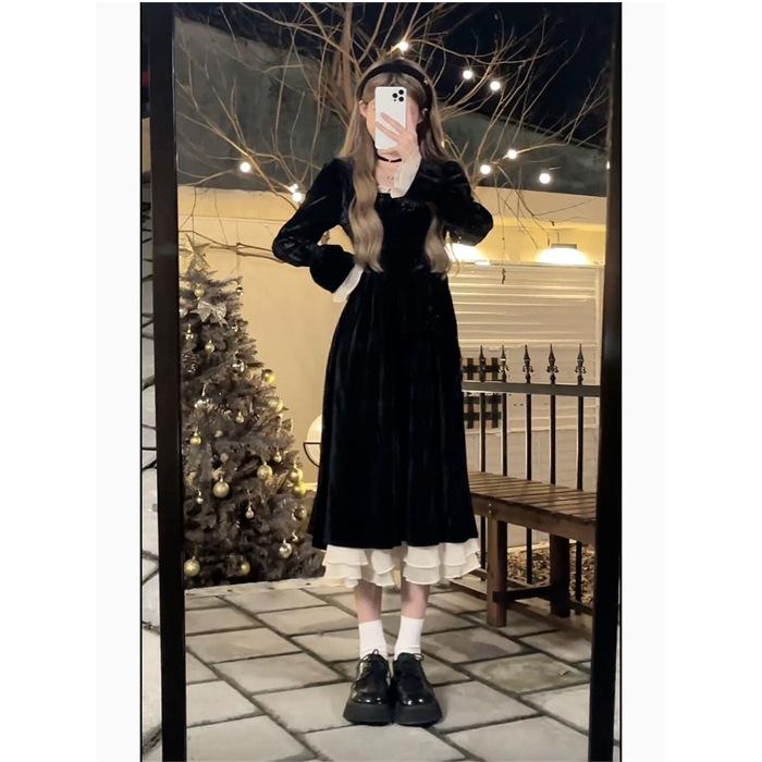 [Original Practice] Hepburn Style Black Velvet Dress Autumn and Winter Women s French Skinny Long Dress S