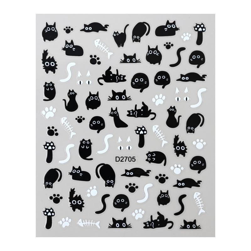 1-6pcs Black Cat Stickers Cute Cartoon Graffiti Cat Nail Stickers Art Self Adhesive Decals Heart Bowknot Stars Manicure Tools