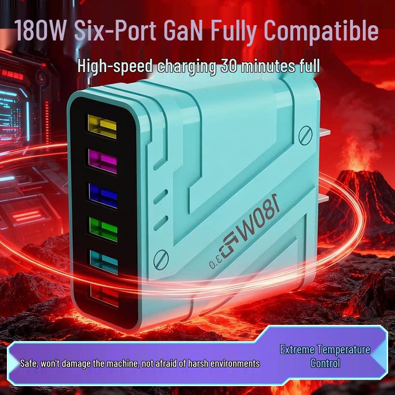 180W GaN Fast Charger with PD3.0, QC3.0, Super Flash Charge, 6-Port USB, Auto Disconnect