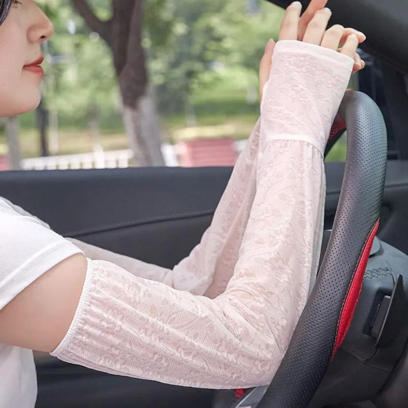 Women’s Lace Arm Sleeves UV Protection, Ice Silk Cooling Arm Covers, Breathable Thin Summer Sleeves for Cycling Running Driving Sun Protection