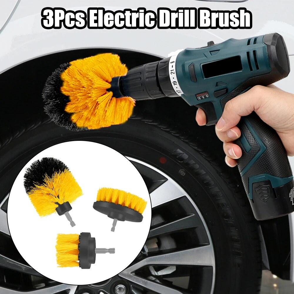 3pcs/set Drill Scrubber Kit Car Brush Automobile Detailing Care Hard Bristle Cleaning Tool For Auto Exterior Bat