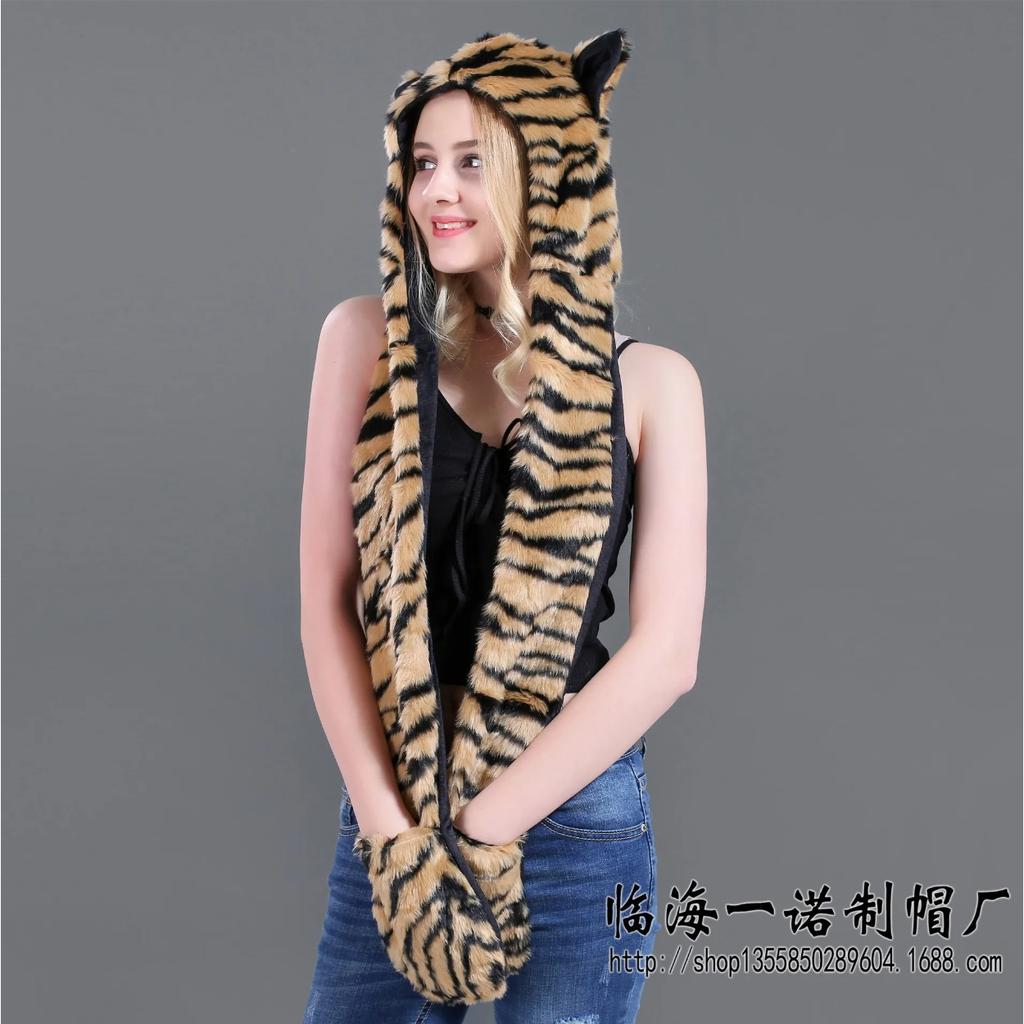 Women Girls Y2K Beanie Fur Animal Hat Scarf Glove Mitten 3-in-1 Function Furry Hoodie with Paws Ears Party Costume