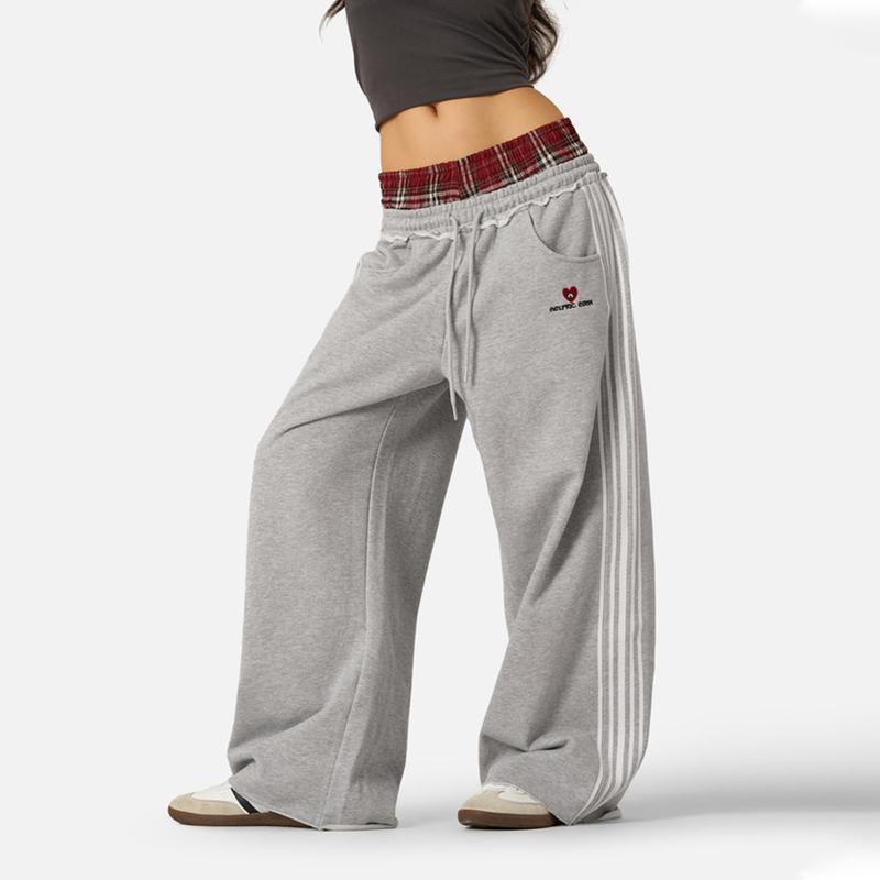 Pantalon de jogging unisexe rétro patchwork à carreaux brodé taille haute coupe ample coton-polyester 2025