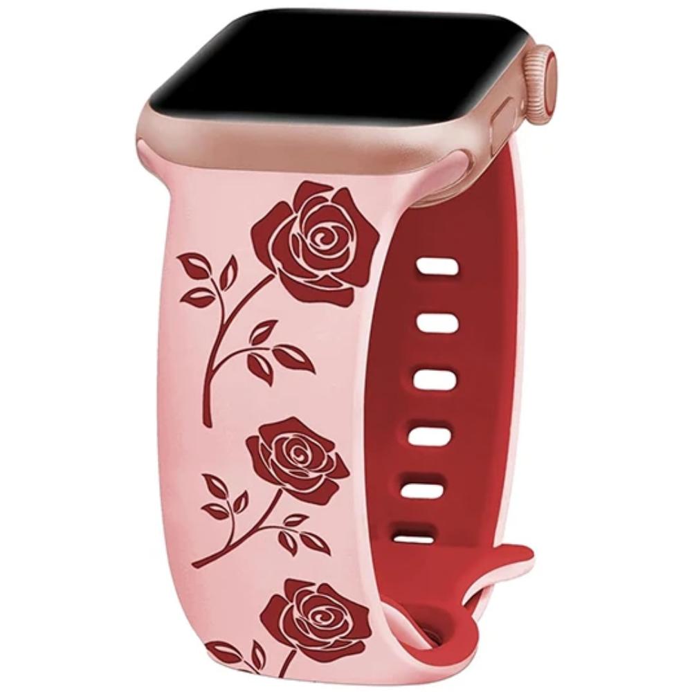 Two-Tone Flower Engraved Watch Band 46mm Compatible with Apple Watch Series 10 42mm 38/40/41/44/45/49mm for Women Rose Flower Soft Straps