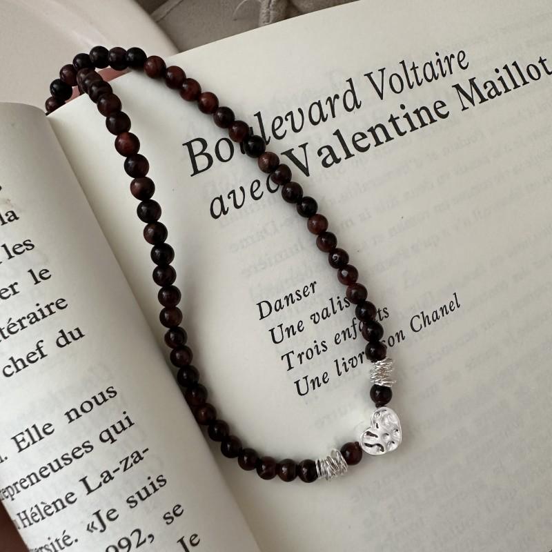 

S925 Sterling Silver Black Agate Love Texture Necklace Retro Style Simple Fashion Collarbone Chain 925 silver