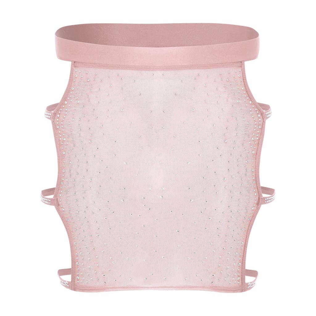 Womens Sparkly Rhinestone Mesh Miniskirt Elastic Waist Side Cutouts Bodycon Design See Through Club Skirt