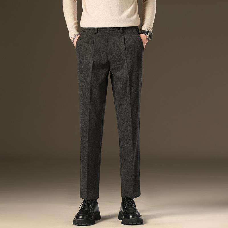 Light luxury winter woolen trousers men's casual pants men's slim straight trousers British elastic casual trousers nine points