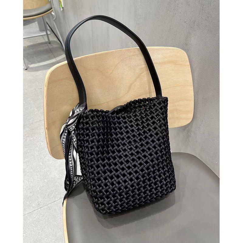 

[In Stock] K-style Large-Capacity Bucket Bag Hand-Woven Casual Shoulder Underarm Bag Cut Out Woven Bag Black small size in stock and fast delivery