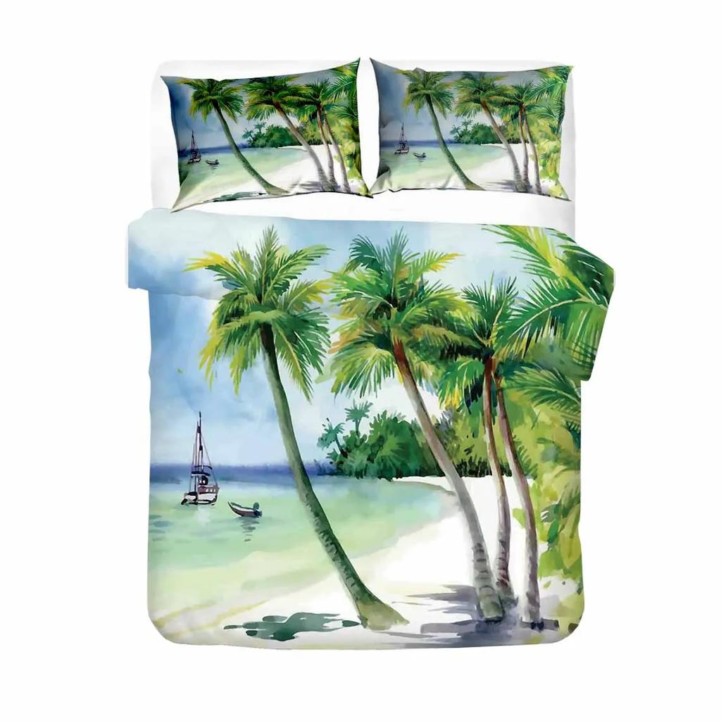 Breathable Durable Queen King Quilt Comforter Scenery Tree Bedroom Beach Ocean Bed Linens Bedclothes Size Sets