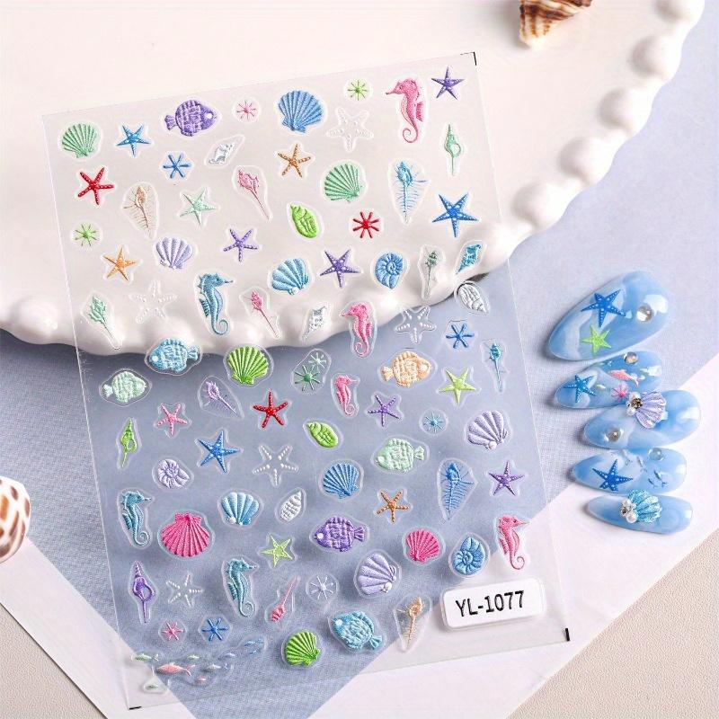 4 Sheets 3D Ocean Style Relief Nail Stickers Shell Starfish 3D Adhesive Stickers For Nails DIY Self-adhesive Nail Art Decorations