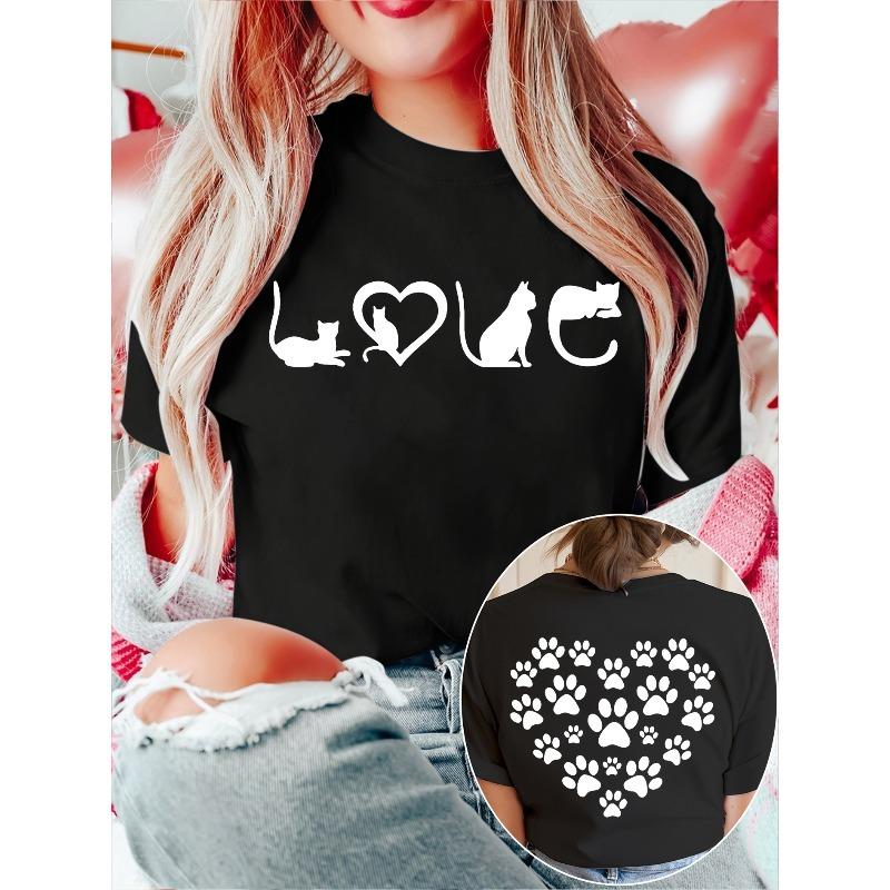 

European Size Women s Casual Crew Neck T-Shirt, LOVE Cat Silhouette & Paw Heart Print, Soft Stretch Fabric, S-XXL 4XL