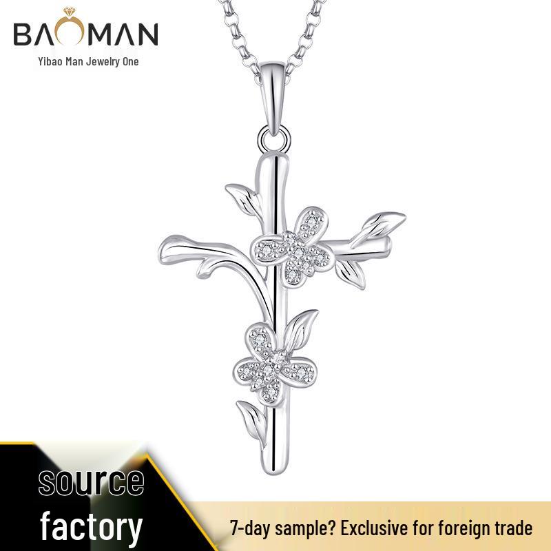 Silver S925 Retro Butterfly Cross Pendant Necklace for Women 925 Silver