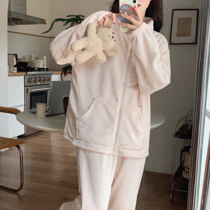 Women's Winter Warm Flannel Velvet Zipper Pajama Set